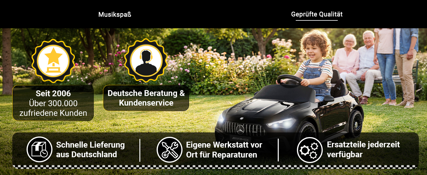 Qualität, Service & Ersatzteile aus Deutschland Mit dem Mercedes-AMG CLE 53 Kinder-Elektroauto profitieren Familien von langjähriger Erfahrung, deutschem Kundenservice und einer zuverlässigen Ersatzteilversorgung. Seit 2006 vertrauen über 300.000 zufriedene Kunden auf die Marke. Schneller Versand aus Deutschland sowie eine eigene Werkstatt für Reparaturen sorgen auch nach dem Kauf für langfristige Sicherheit und Unterstützung.